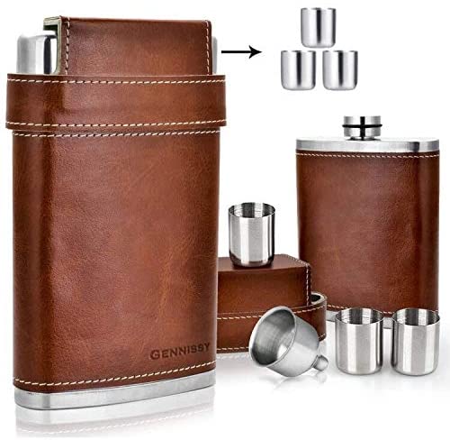 8 oz Leather Stainless Steel Flask w/3 Shot Cups & Funnel