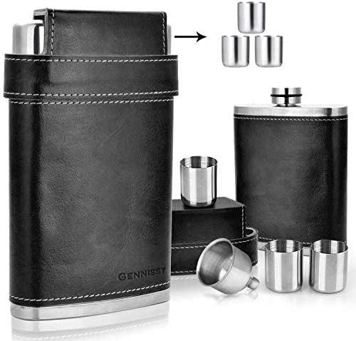 8 oz Leather Stainless Steel Flask w/3 Shot Cups & Funnel