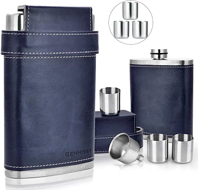 8 oz Leather Stainless Steel Flask w/3 Shot Cups & Funnel
